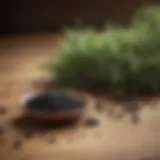 Black seed capsules on a wooden table