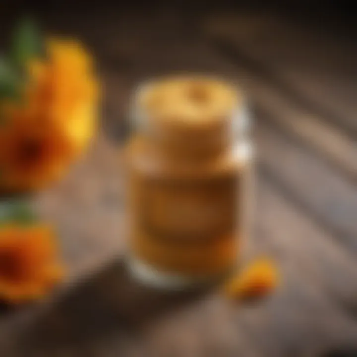 A jar of golden calendula extract powder on a wooden surface.