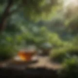A tranquil tea garden surrounded by greenery