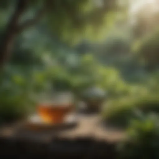 A tranquil tea garden surrounded by greenery