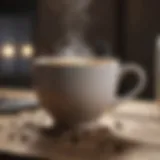 A close-up view of a steaming cup of coffee on a rustic wooden table
