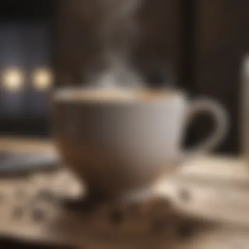 A close-up view of a steaming cup of coffee on a rustic wooden table