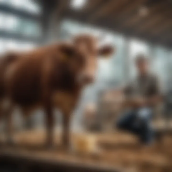 A farmer milking a cow in a sustainable dairy farm setting