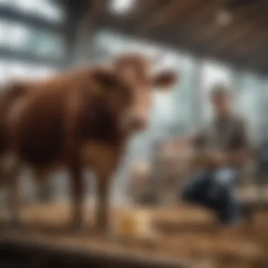 Sustainable Practices in Dairy Farming A farmer milking a cow in a sustainable dairy farm setting