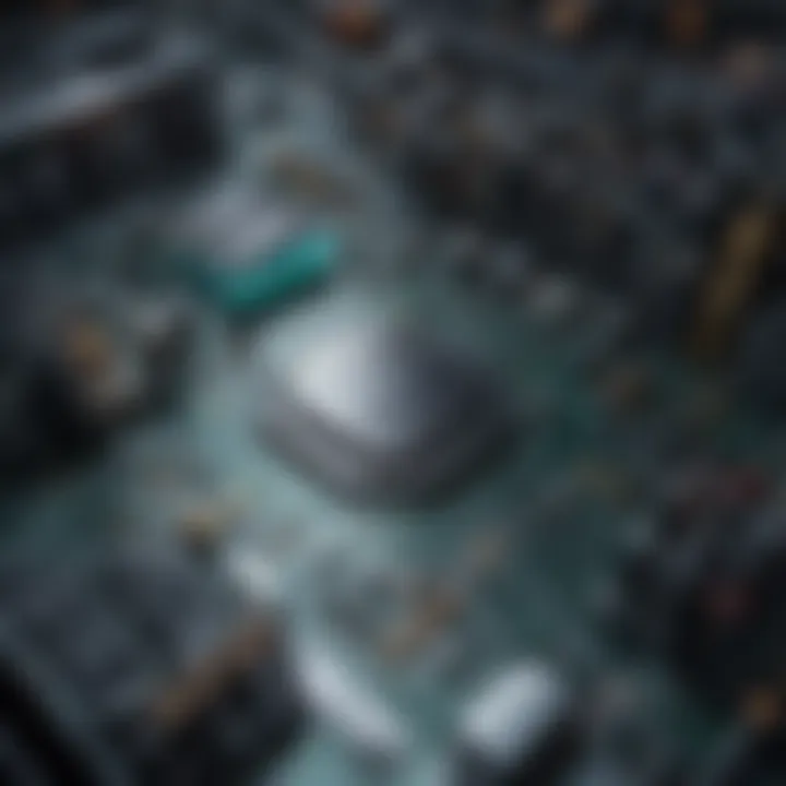 Detailed view of a complex circuit board layout showcasing intricate connections.