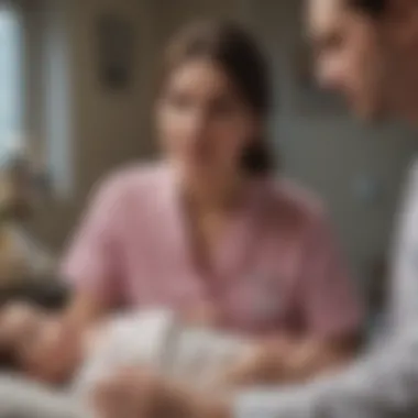 A pediatrician discussing colic management strategies with attentive parents, showcasing collaboration in care.