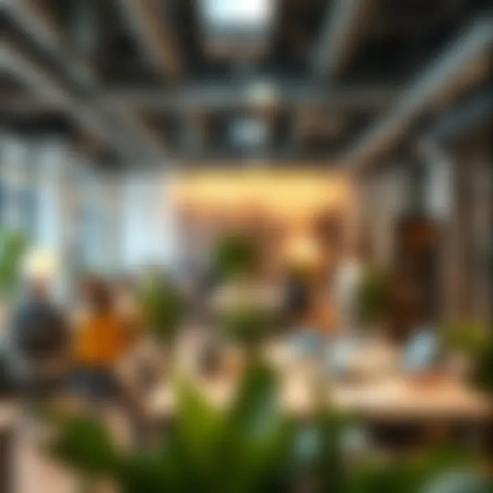 A modern office setup with collaborative workspaces and creative decor, reflecting innovation in business.