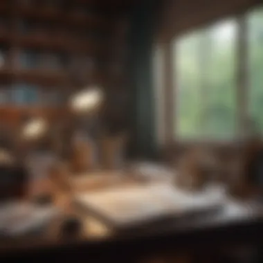 The Creative Space for Writers A creative workspace filled with writing tools and manuscripts.