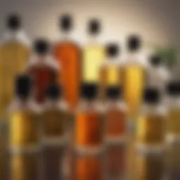 Variety of carrier oils displayed with essential oils in glass bottles