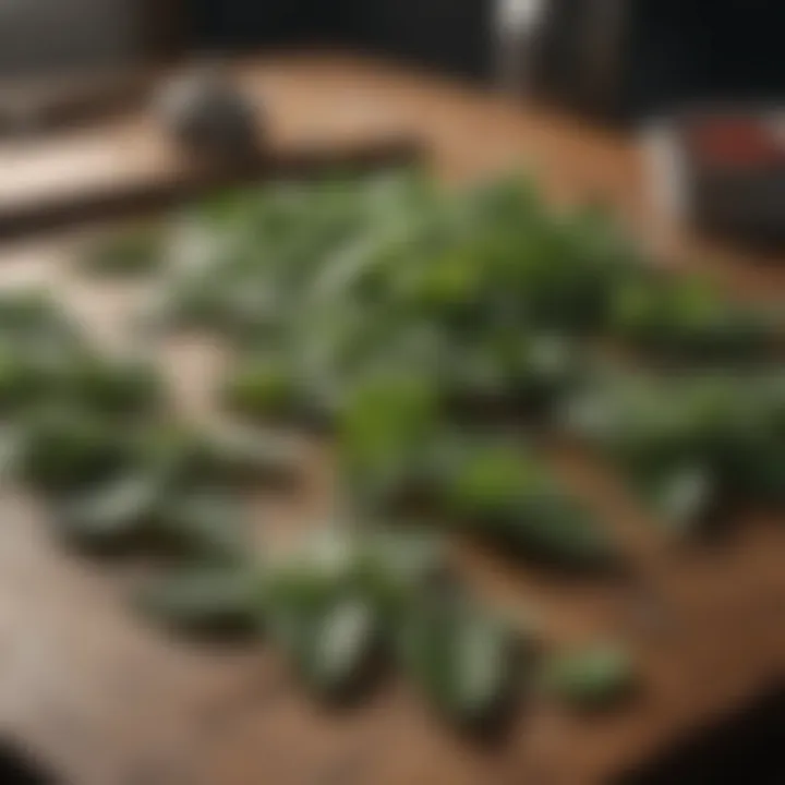 An assortment of drying methods for peppermint leaves laid out on a table