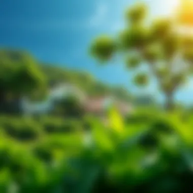 A serene landscape depicting a Blue Zone environment, showcasing lush greenery and healthy living.