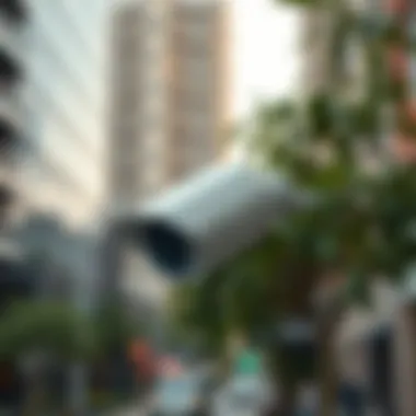 High-Tech Surveillance Camera in Urban Setting A high-tech surveillance camera monitoring an urban environment.