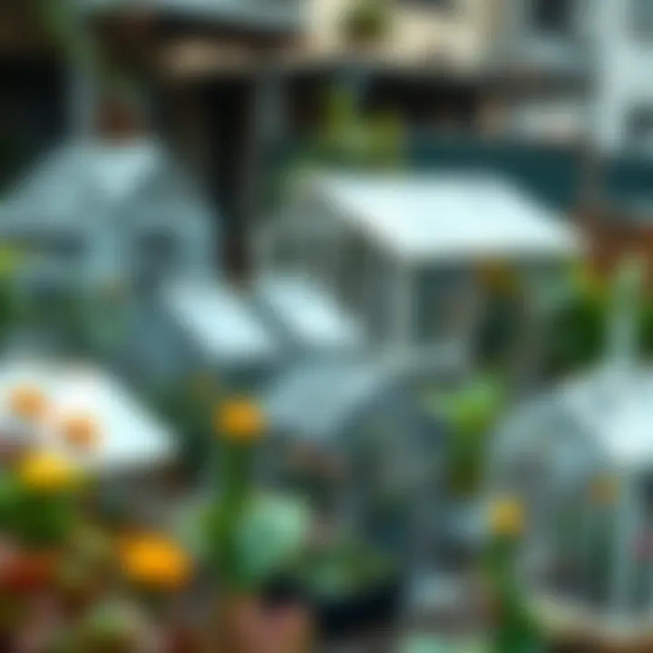 Different types of miniature greenhouses displayed in an urban setting