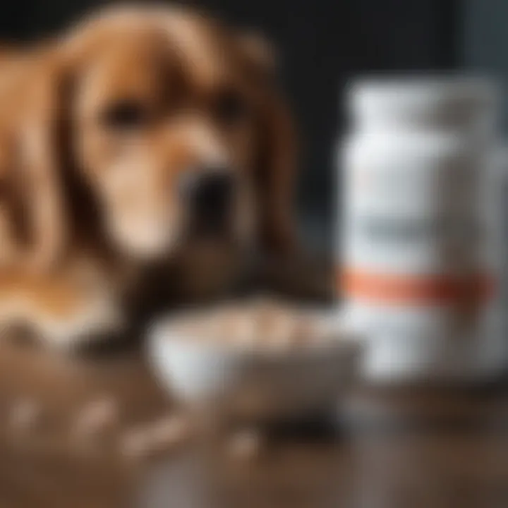 Close-up of glucosamine and chondroitin supplements beside a dog's bowl, emphasizing dietary inclusion.