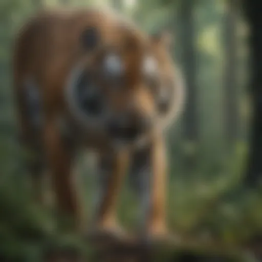 A tiger stalking its prey in a dense forest.