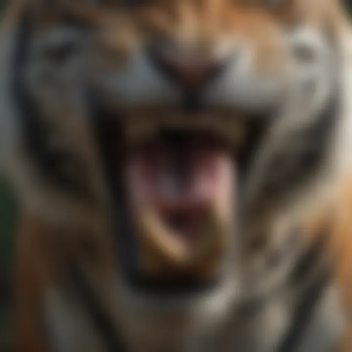 A close-up of a tiger's teeth and powerful jaws.