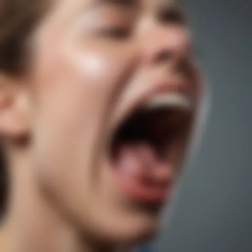 A close-up of a person yawning, illustrating the physiological aspect of yawning.