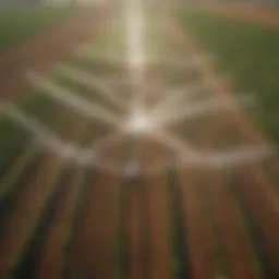 Aerial view of a farm with robot sprinklers in action