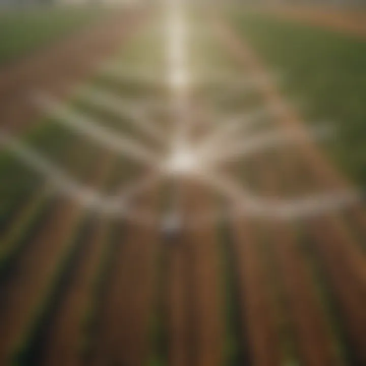 Aerial view of a farm with robot sprinklers in action