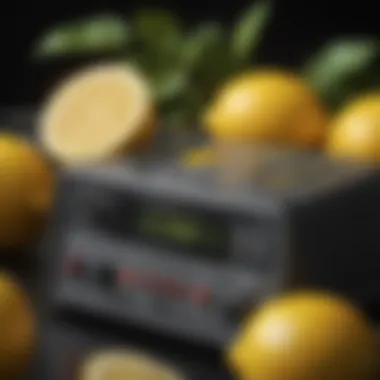 A close-up view of a lemon battery demonstrating electric current flow with a multimeter.