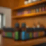 Aromatic dōTERRA oils displayed on a wooden shelf
