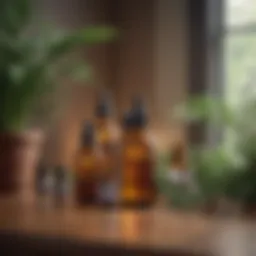 A serene setting with essential oil bottles and a diffuser surrounded by calming plants.