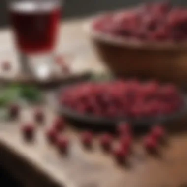 Fresh cranberries and a glass of cranberry juice on a wooden table