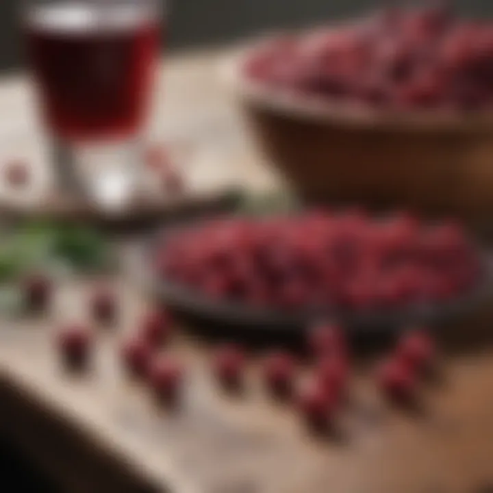 Fresh cranberries and a glass of cranberry juice on a wooden table