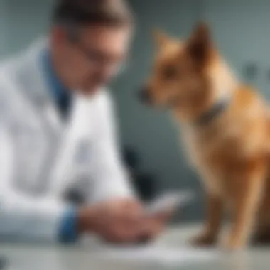 A veterinarian examining a dog's health report with glucose level data.