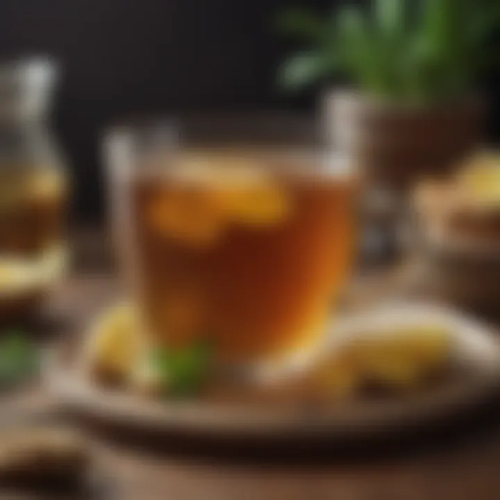 A vibrant display of ginger tea with fresh slices and herbs