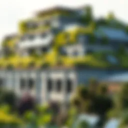 A modern building incorporating green roofs and solar panels to enhance energy efficiency.