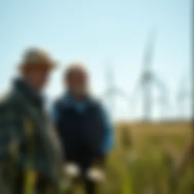 Pioneers of wind energy with a backdrop of early turbines
