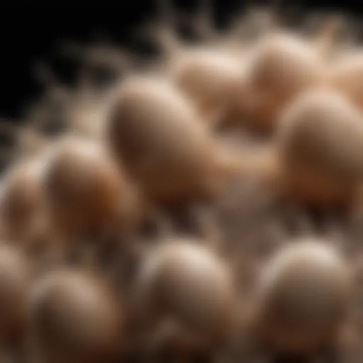 Close-up view of lice eggs attached to hair strands