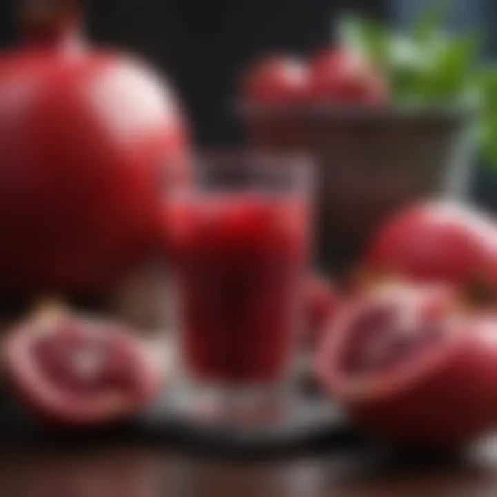 A serene setting with pomegranate juice and fresh fruits for a balanced diet