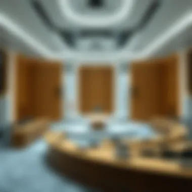 A futuristic courtroom integrated with AI technology