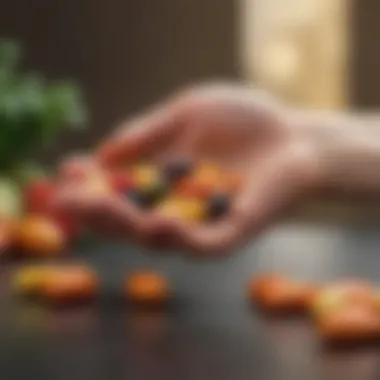 A close-up of a hand holding multivitamin capsules with a soft-focus background of fruits and vegetables.