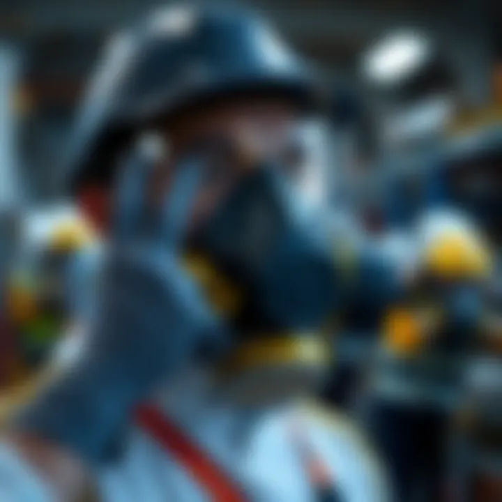 Non-filtering respirator being worn in an industrial setting