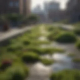 Innovative urban landscape featuring green roofs and permeable pavements