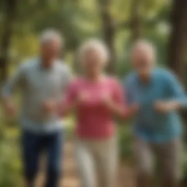 A serene outdoor scene depicting joyful physical activity among older adults