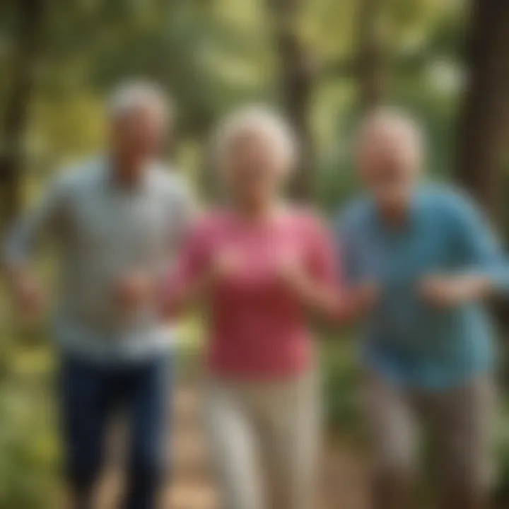 A serene outdoor scene depicting joyful physical activity among older adults